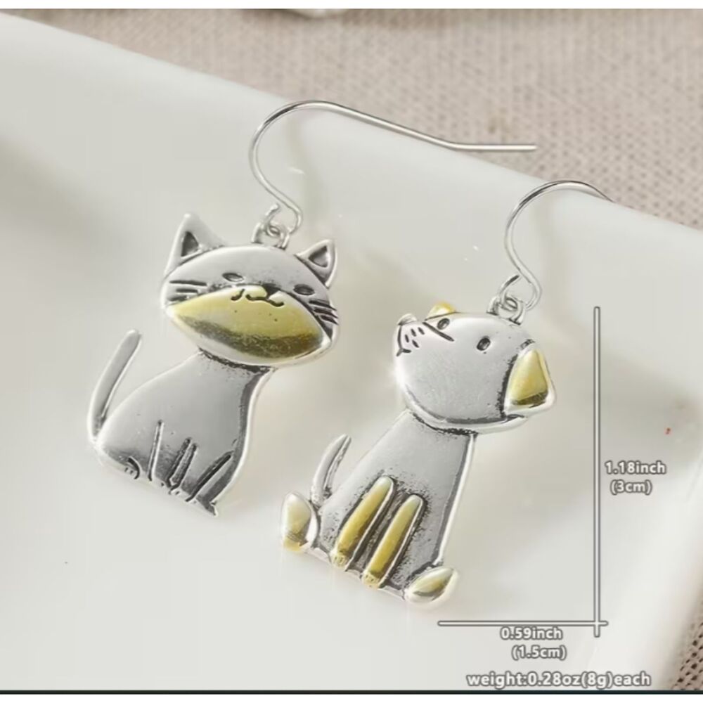Stainless Steel and Gold Cat & Dog Dangle Earrings - Picture 2 of 5